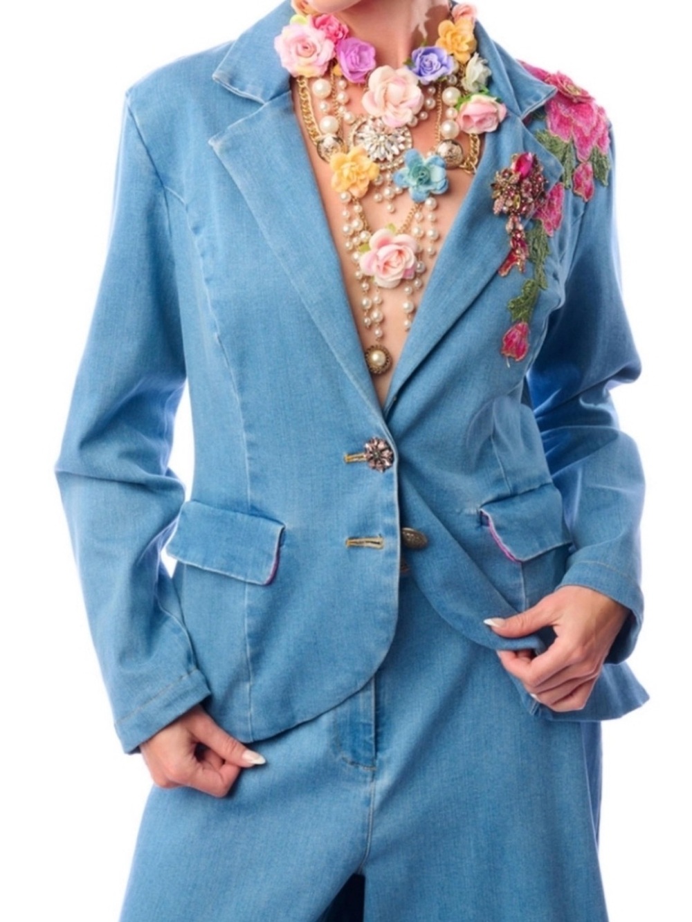 Aratta Silent Journey Montecarlo Blue Denim Blazer with Pink Floral Patch - Picture 2 of 10